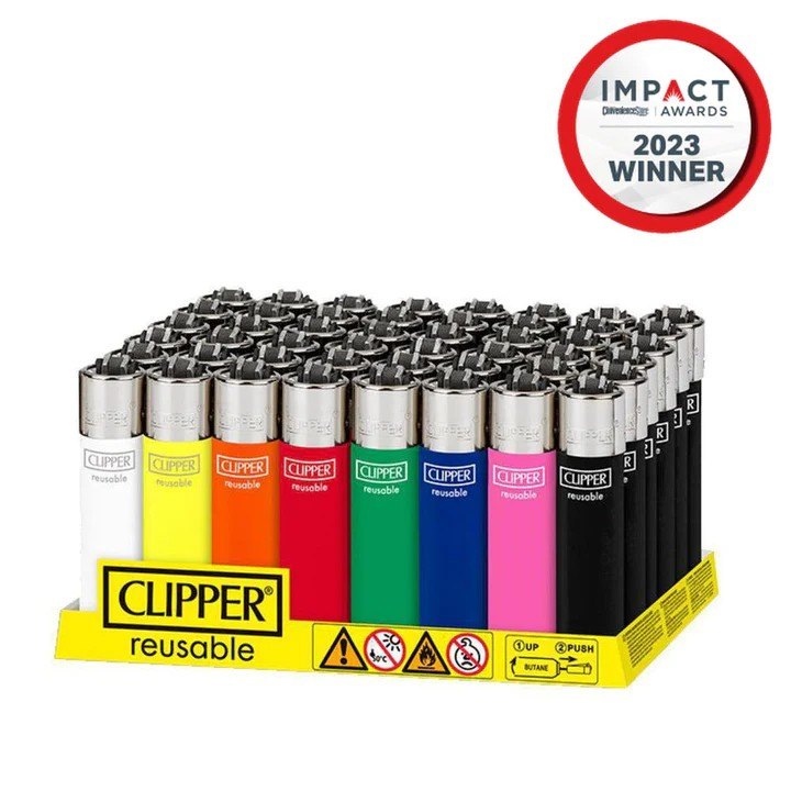 Our iconic CP11 classic large lighter comes in different solid colours to suit your taste and a packing tool for your pre-rolls.

Give it unlimited lights by replacing worn out parts - Clipper has the full solution for reusability with refillable gas, replaceable flints and spark wheels! 

Sold as a tray of 48 lighters + 5 Free Bonus lighters included